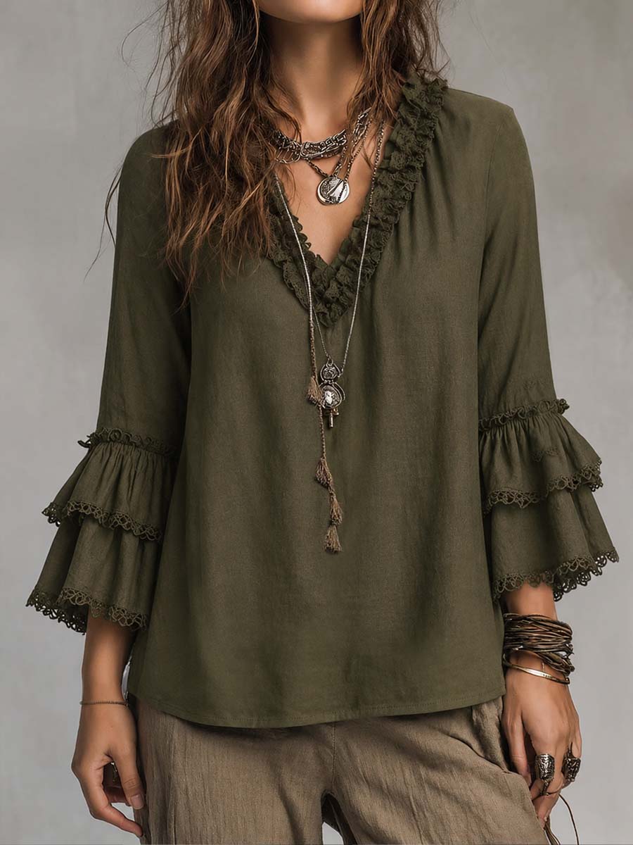 Ruffled Lace Cotton Linen Long-sleeved Blouse