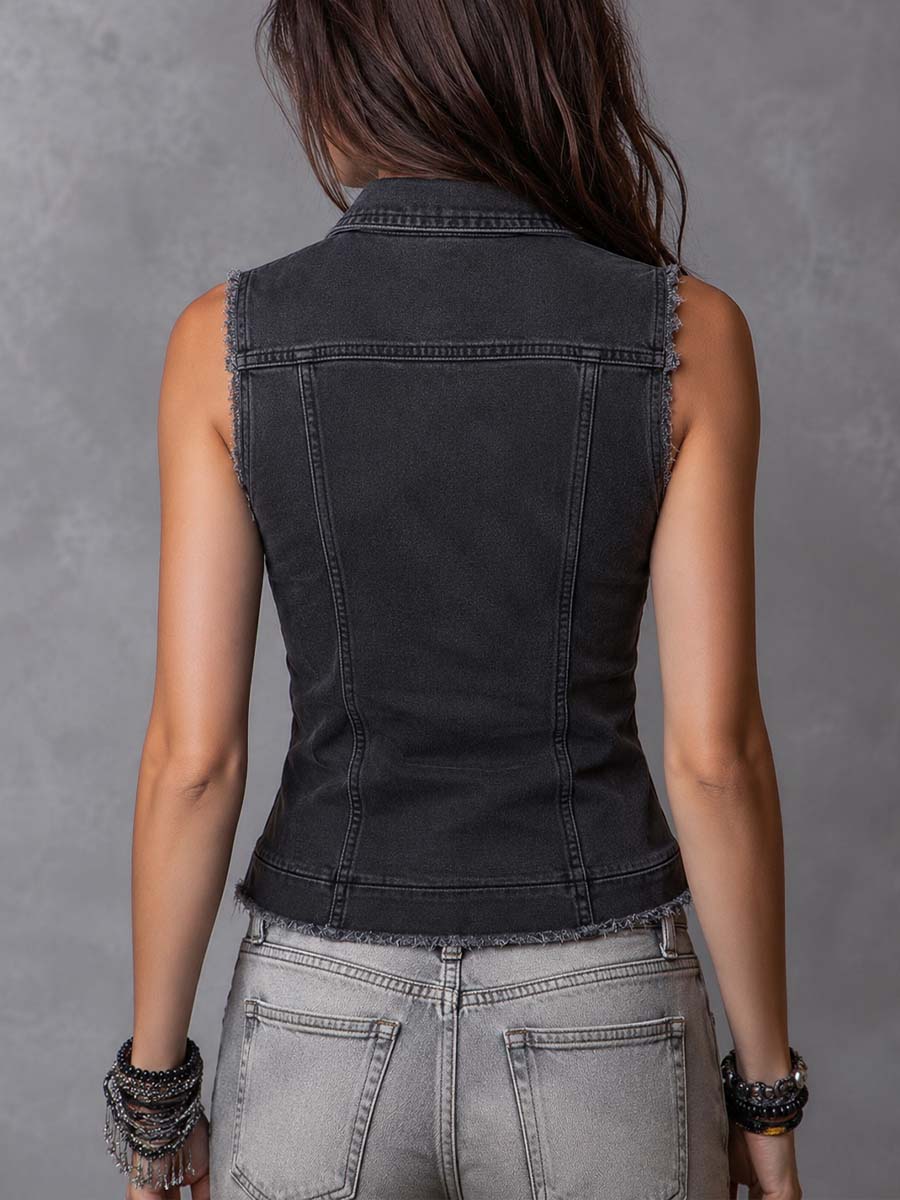 Vintage Zip-Front Distressed Hem Denim Vest