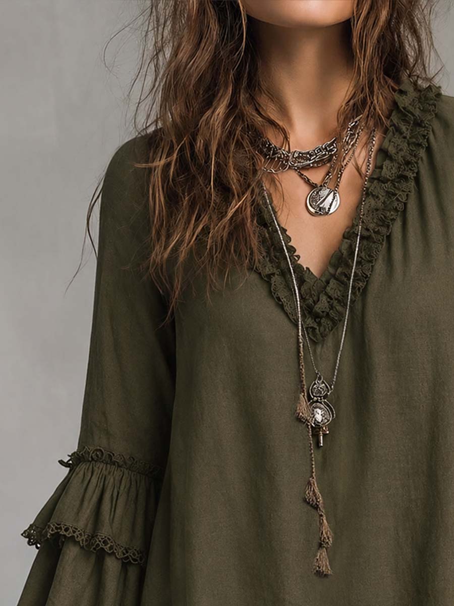 Ruffled Lace Cotton Linen Long-sleeved Blouse