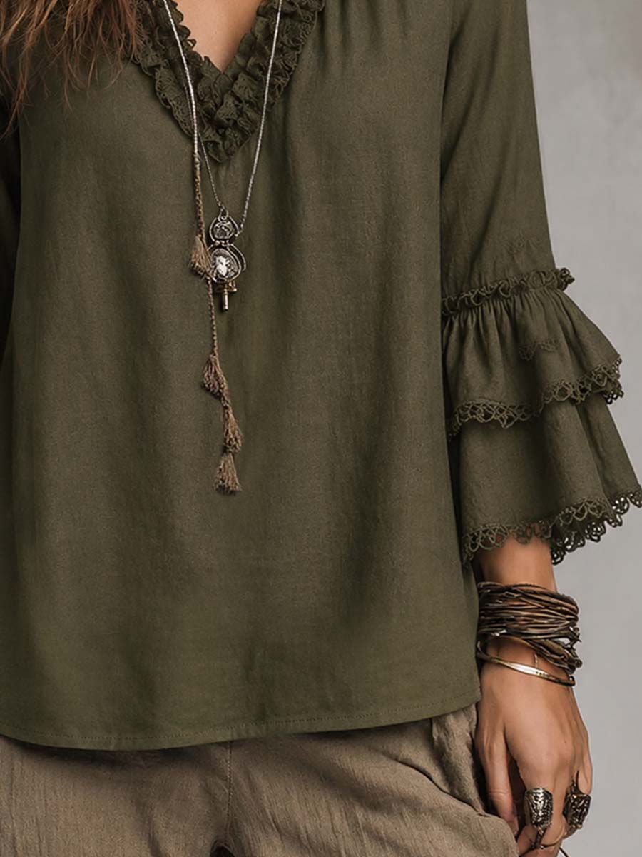 Ruffled Lace Cotton Linen Long-sleeved Blouse