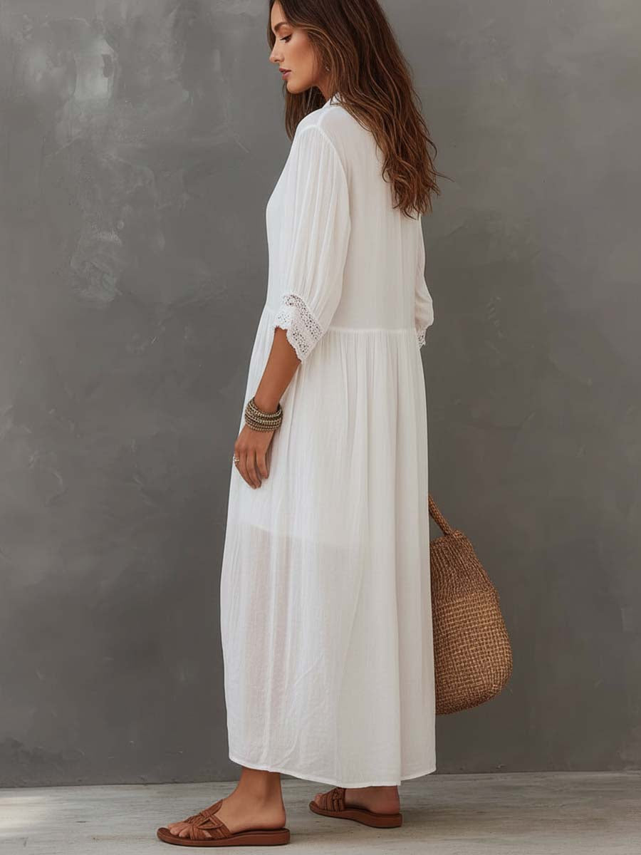 Vintage Lace-trimmed Cotton Linen Shirt Midi Dress