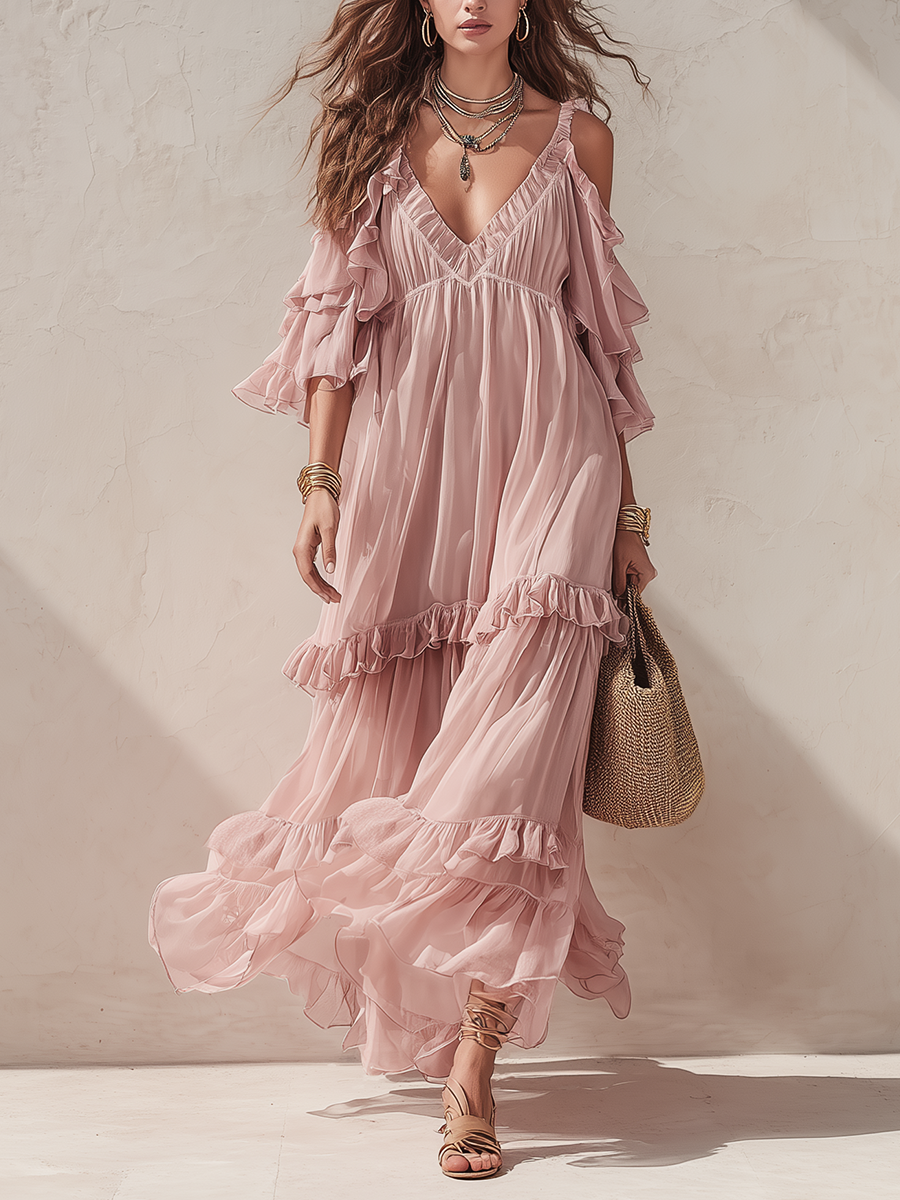 Romantic Blush Tiered Ruffle Maxi Dress