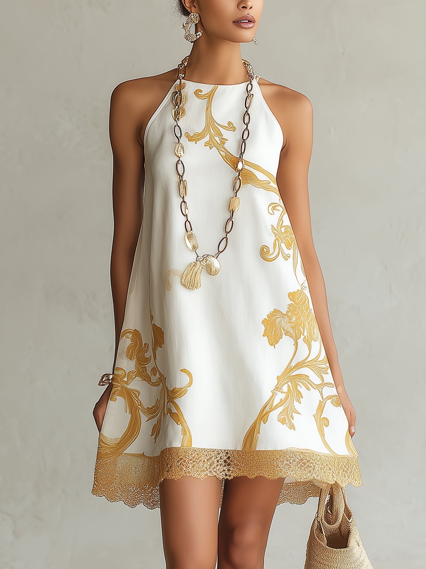 White Gold Printed Lace Trim Mini Dress