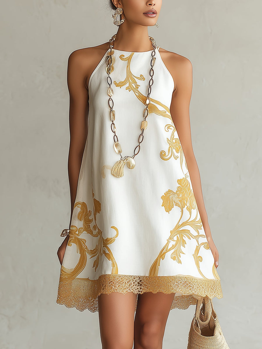 White Gold Printed Lace Trim Mini Dress