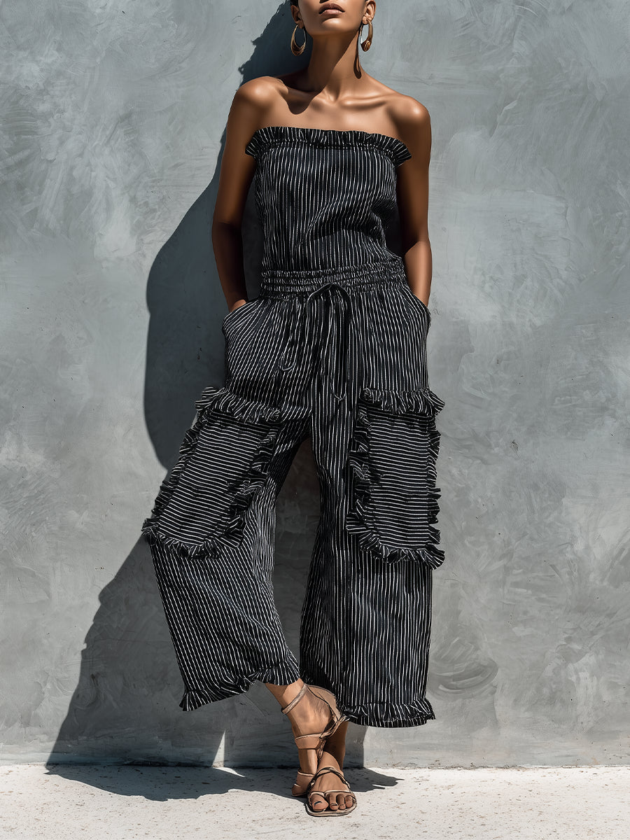 Black and white striped strapless Jumpsuit with ruffles