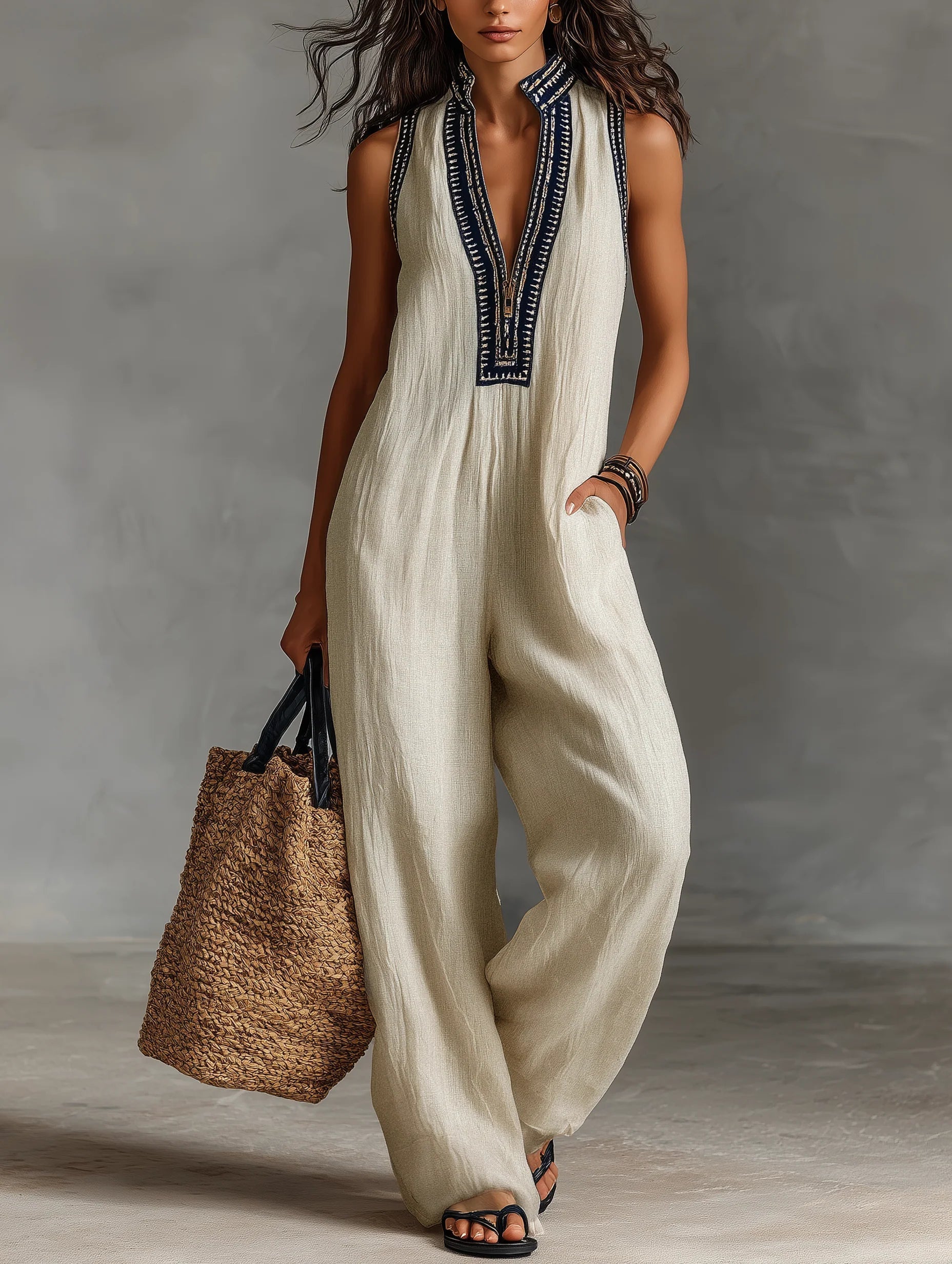 Minimalist stand-up collar zipper sleeveless jumpsuit