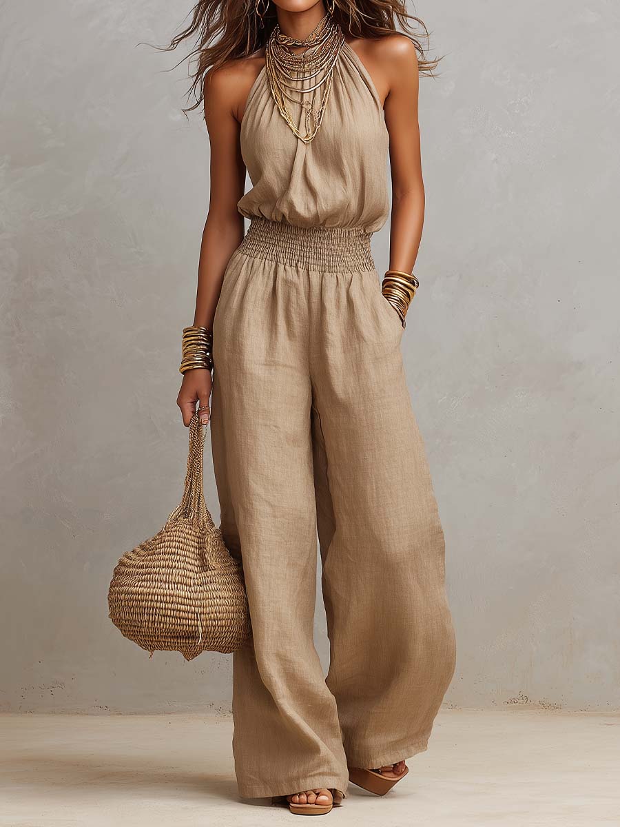 Khaki Halter-Neck Waist-Cinching Jumpsuit