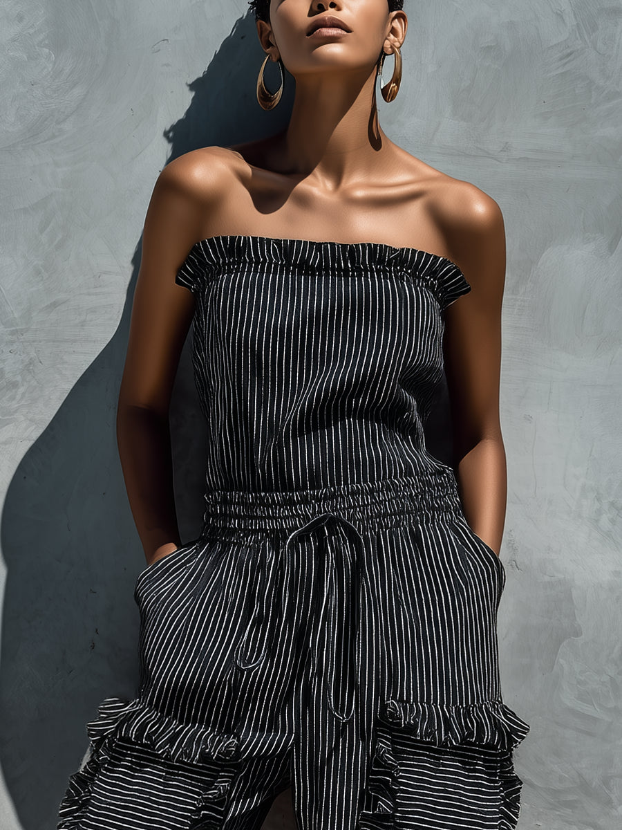 Black and white striped strapless Jumpsuit with ruffles