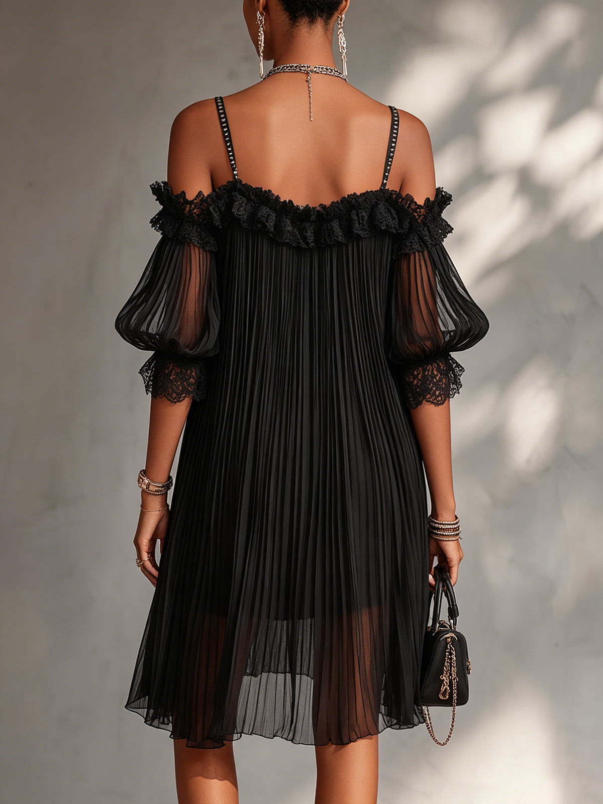 Black Off-Shoulder Chiffon Mini Dress with Lace Trim