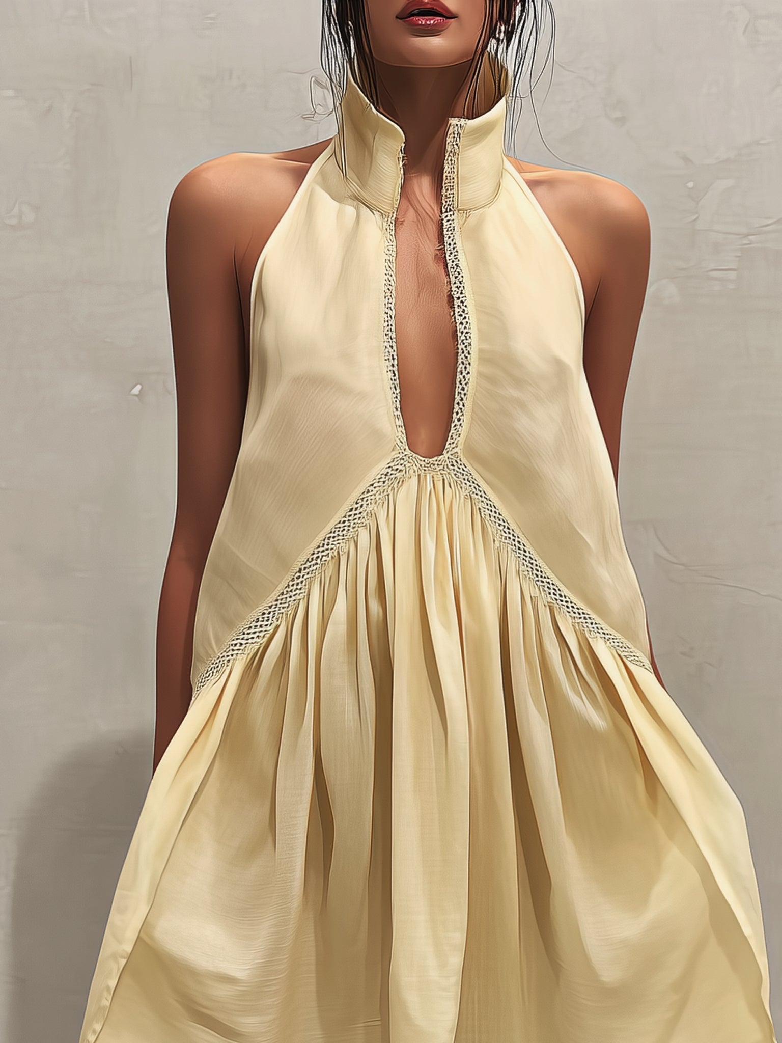 Yellow Sleeveless Mini Dress with Deep V-Neck and Lace Trim