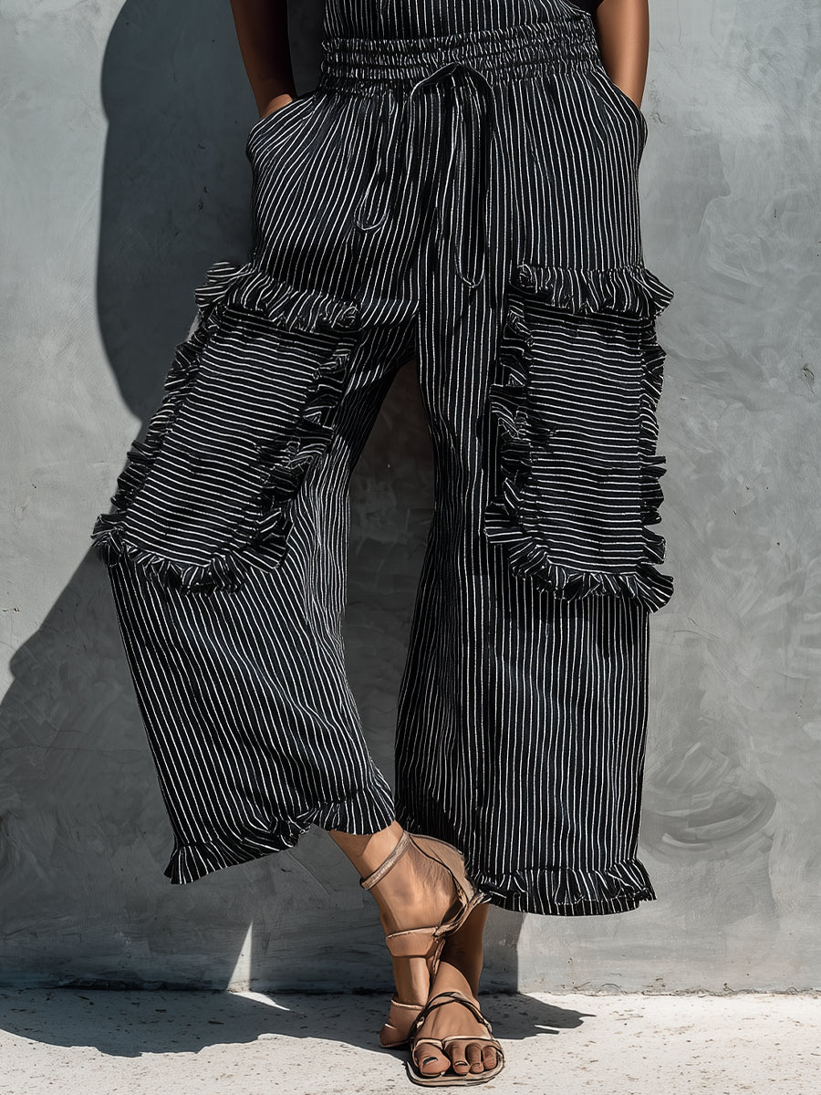 Black and white striped strapless Jumpsuit with ruffles