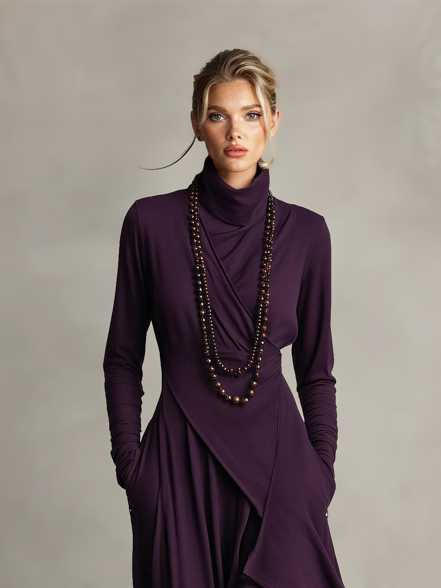 Purple High-Neck Draped Asymmetrical Maxi Dress