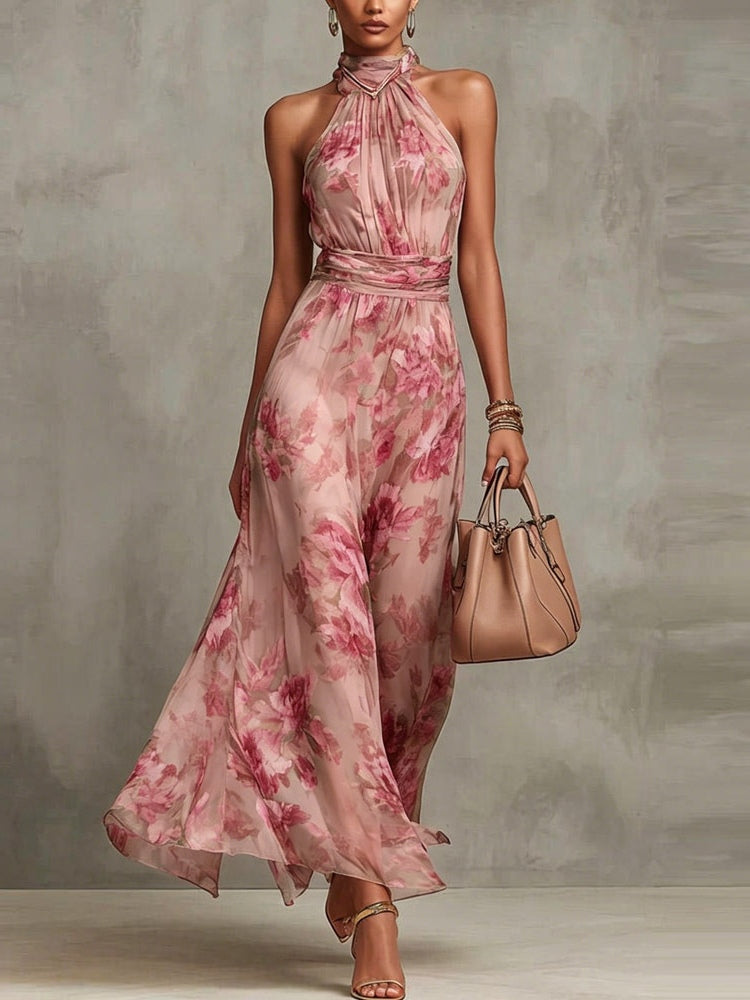 Green Floral Chiffon Halter Maxi Dress