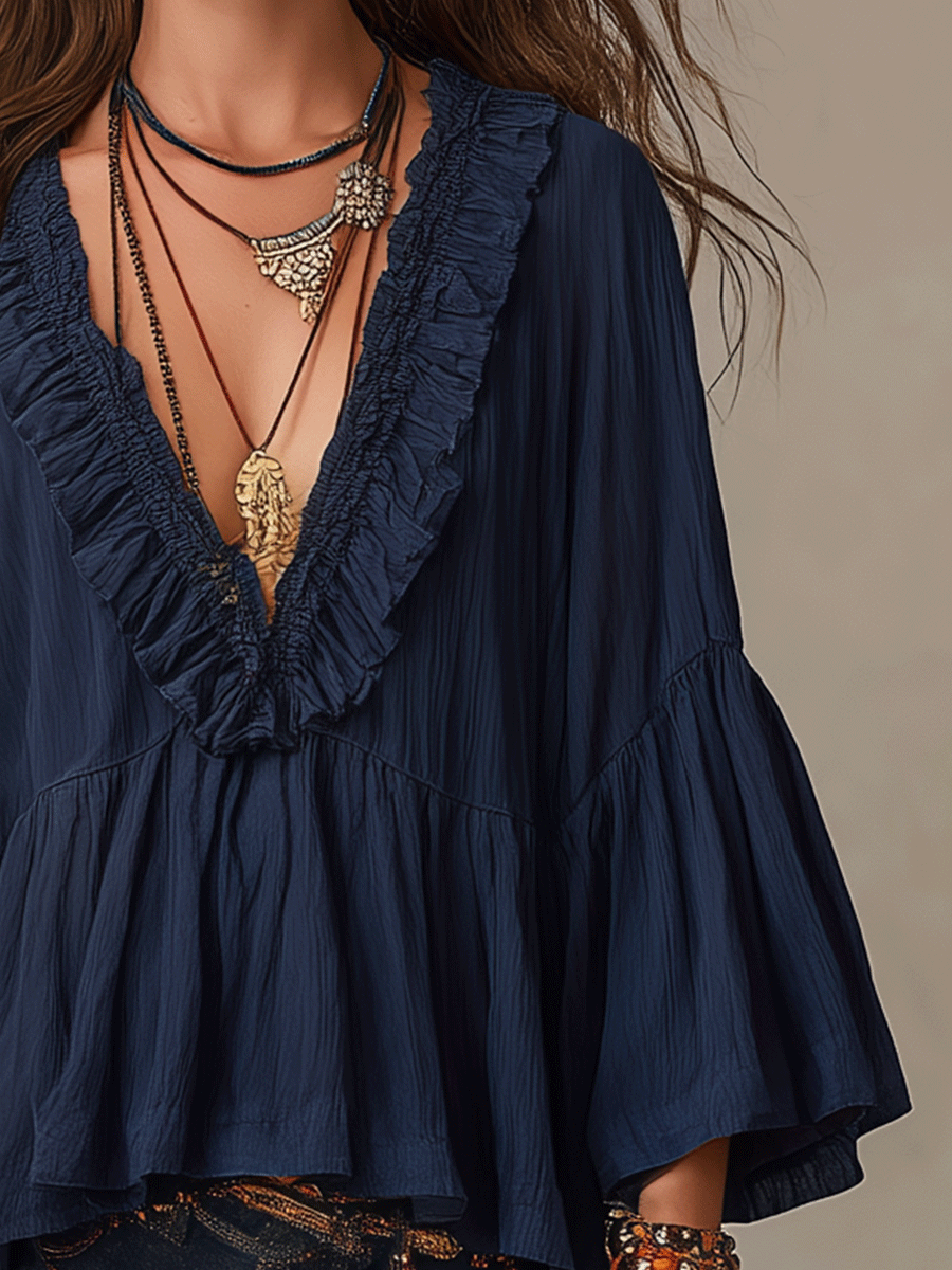 Effortless Deep Blue Ruffle Boho Blouse