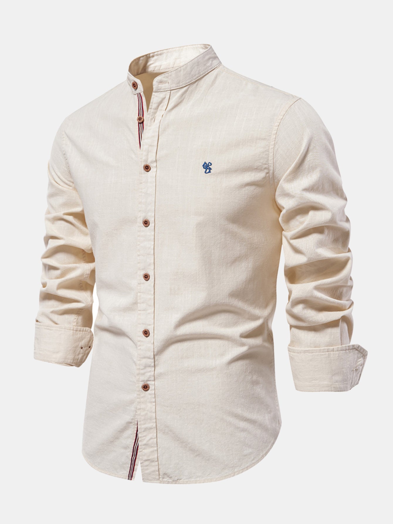 High-neck linen effect long-sleeve shirt