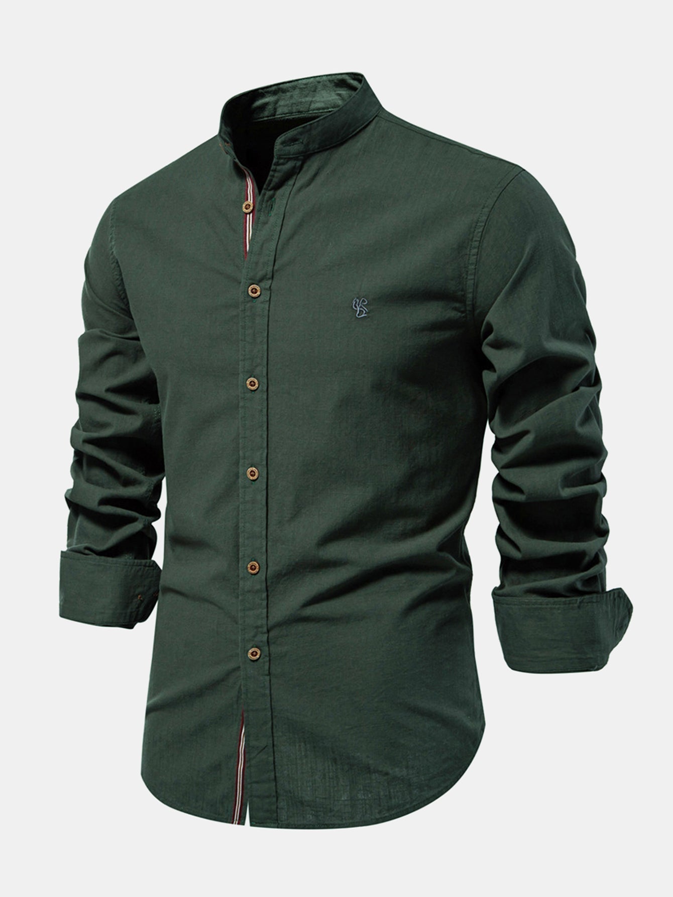High-neck linen effect long-sleeve shirt