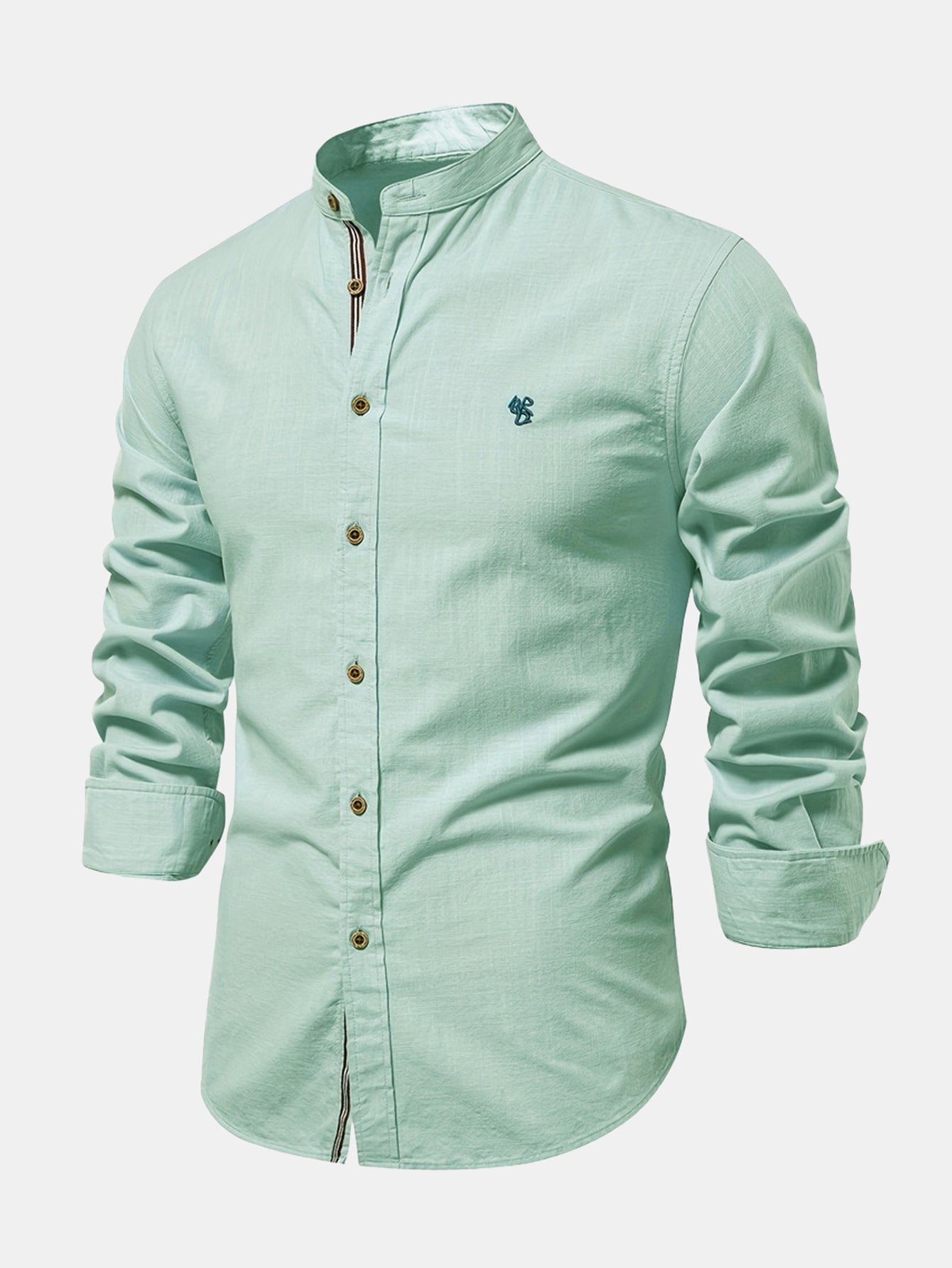 High-neck linen effect long-sleeve shirt