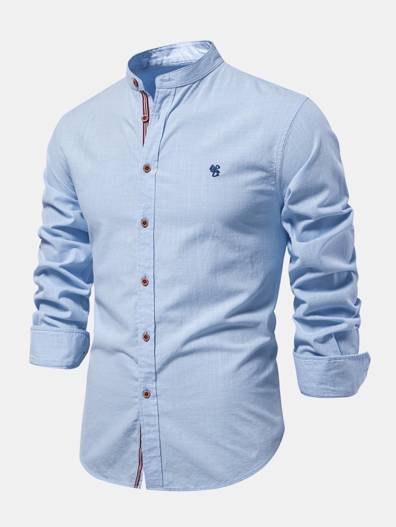 High-neck linen effect long-sleeve shirt