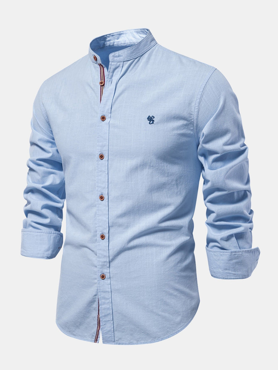 High-neck linen effect long-sleeve shirt