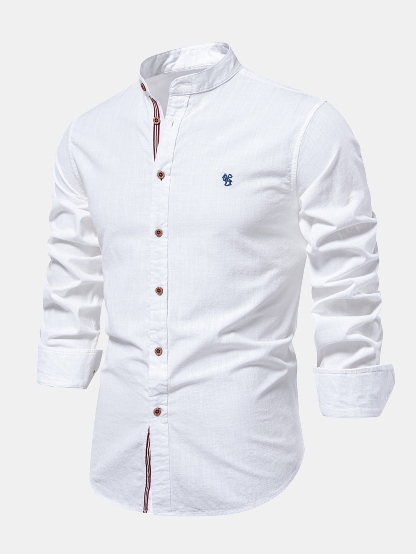 High-neck linen effect long-sleeve shirt