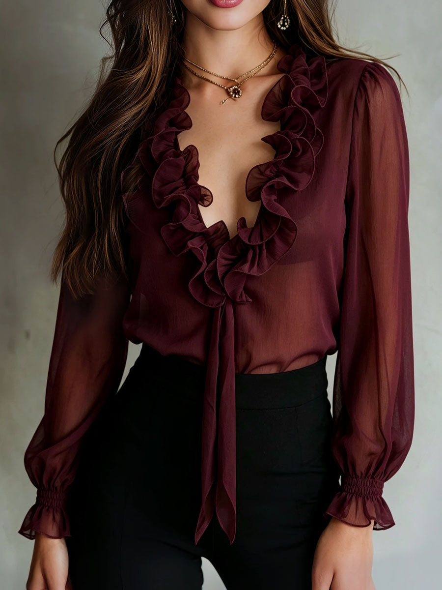 Retro Plum Sheer Ruffled Tie-Front Chiffon Blouse