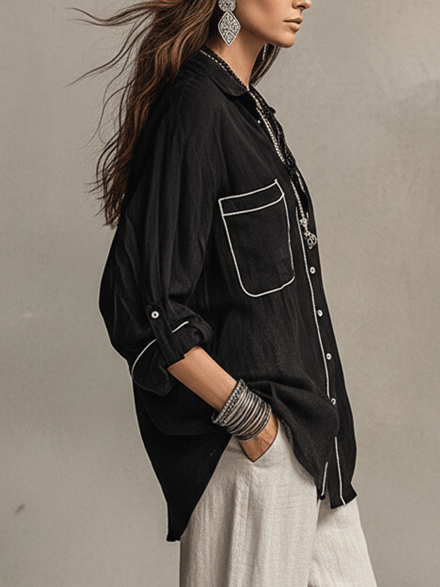 Modern Bohemian Effortless Black Linen Shirt