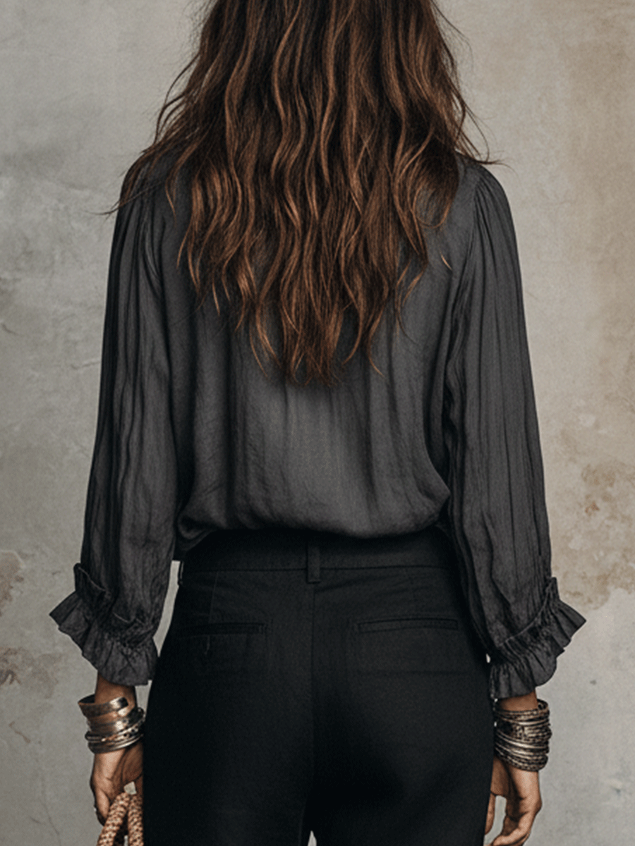 Sheer Ruffle V-Neck Bohemian Blouse
