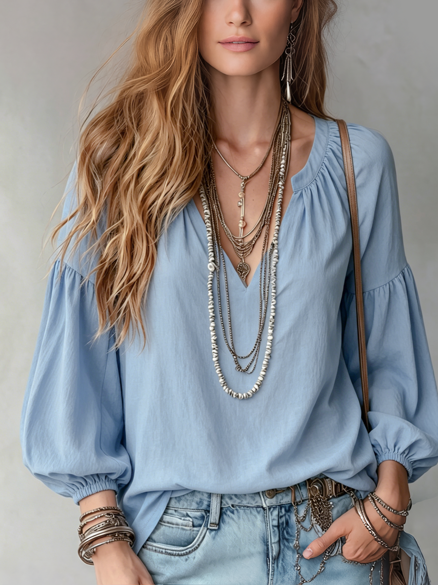 Airy Mist-Blue Bohemian Blouse