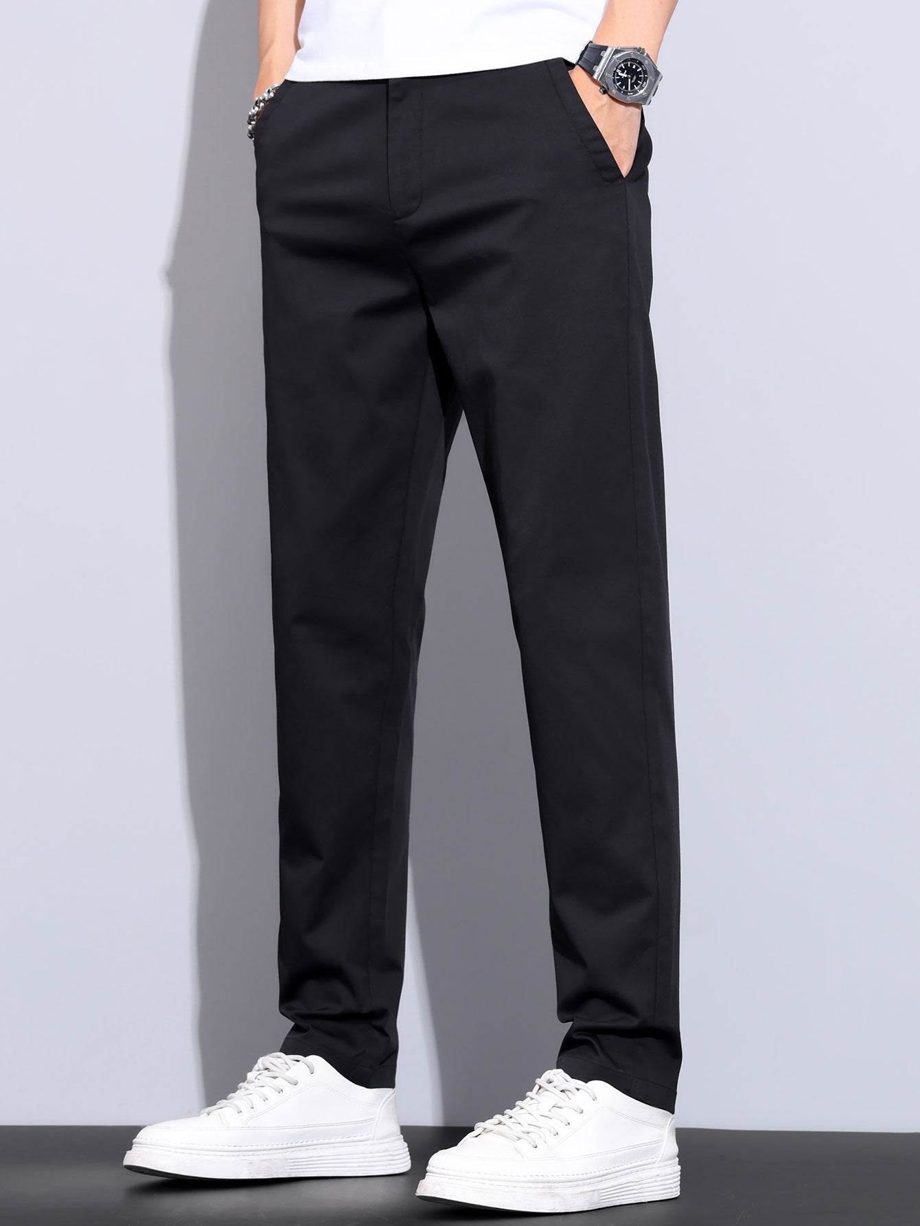 Contrast Trim Textured Zipper Knit Polo & Elastic Waist Straight Leg Trousers