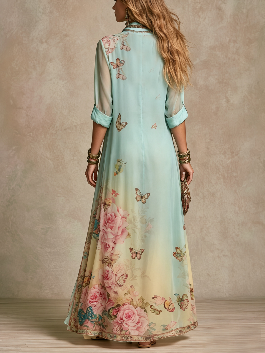 Baroque Style Mint Green Chiffon Floral Maxi Dress