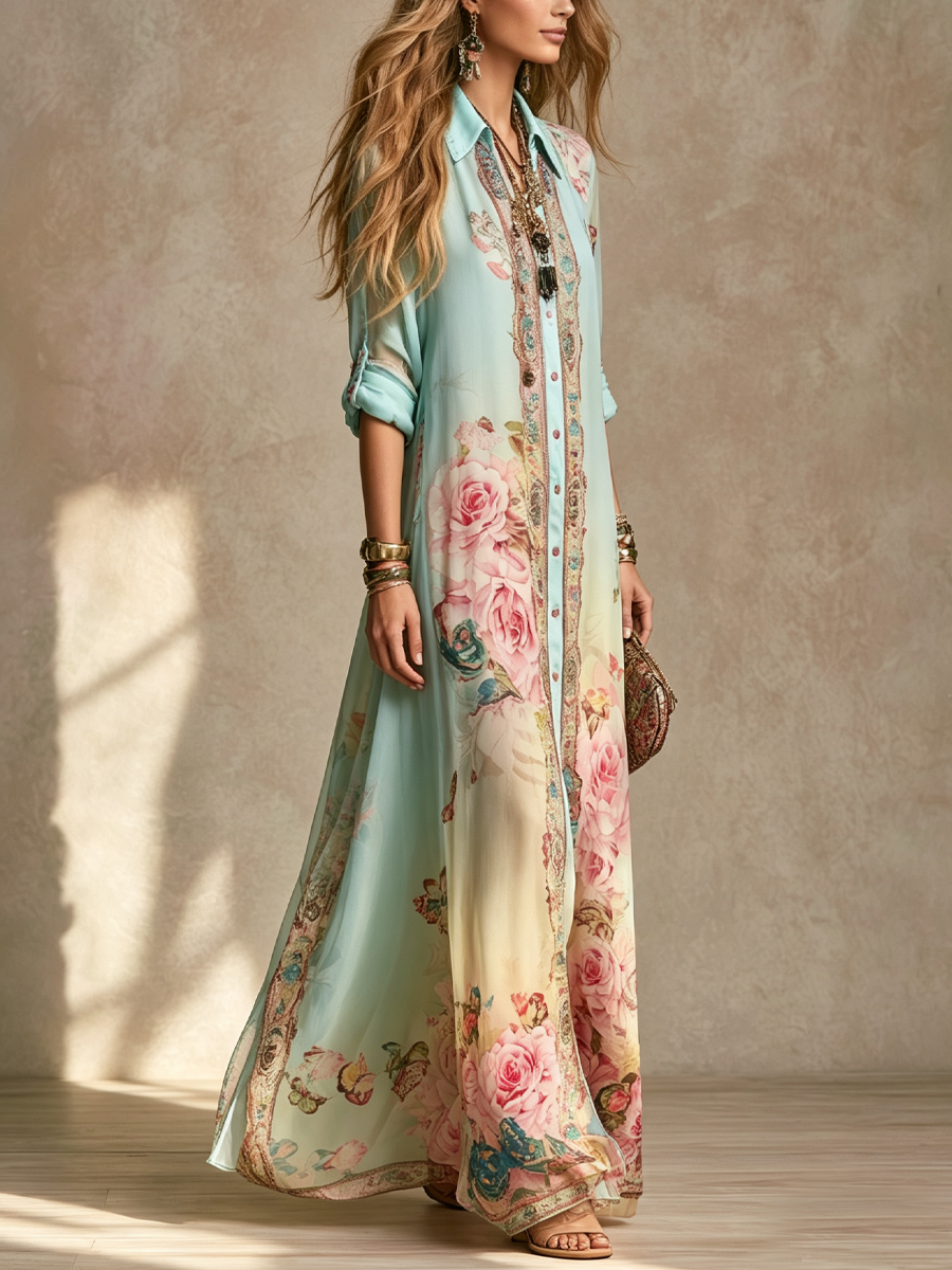 Baroque Style Mint Green Chiffon Floral Maxi Dress
