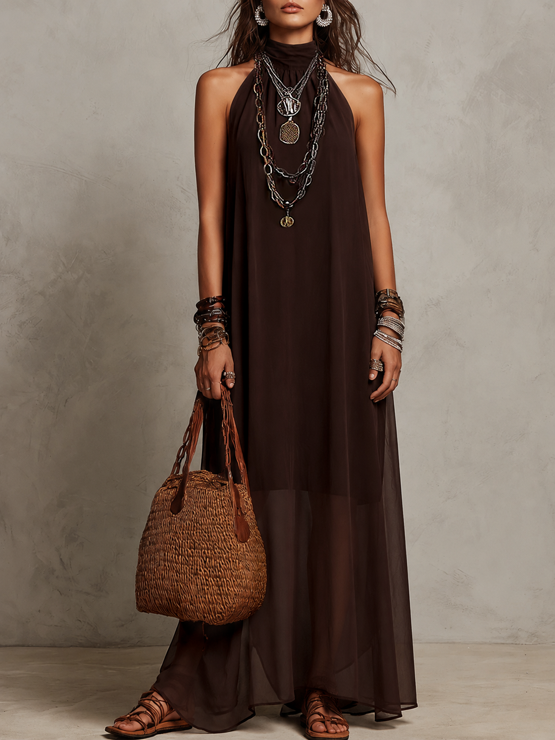 Dark Brown Halter Neck Minimalist Long Dress