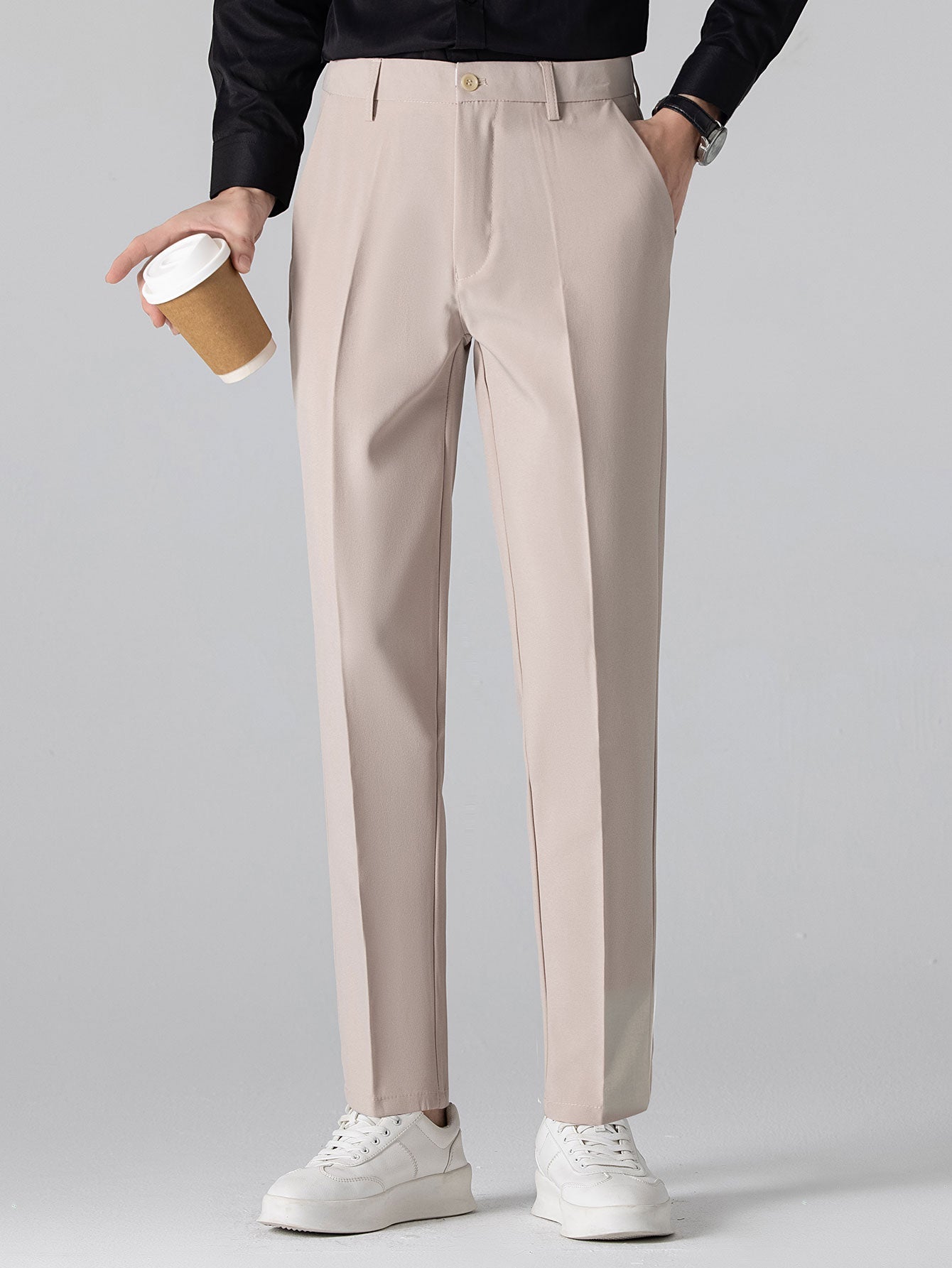 Contrast Trim Ribbed Johnny Collar Knit Polo & Slim Fit Tapered Trousers