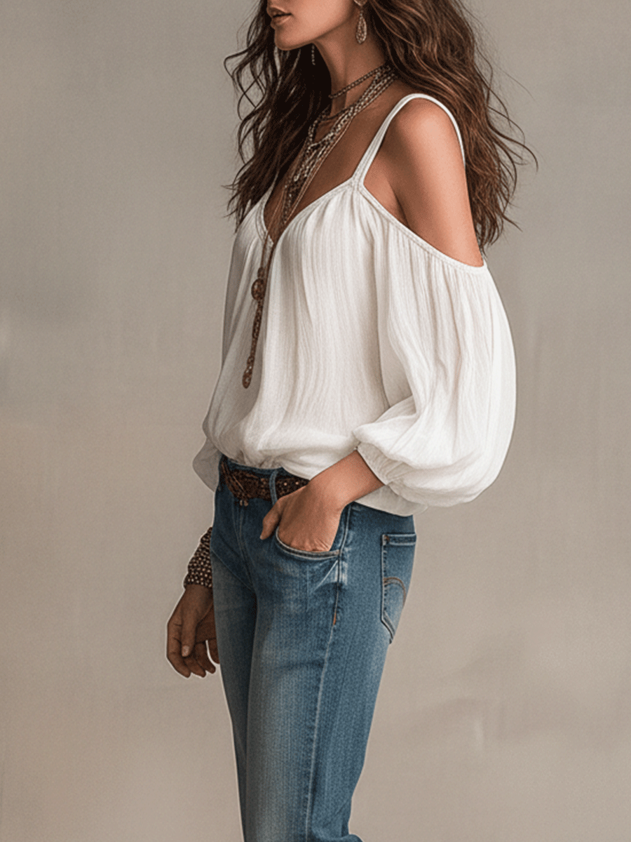 Relaxed V-Neck Cold-Shoulder Boho Blouse