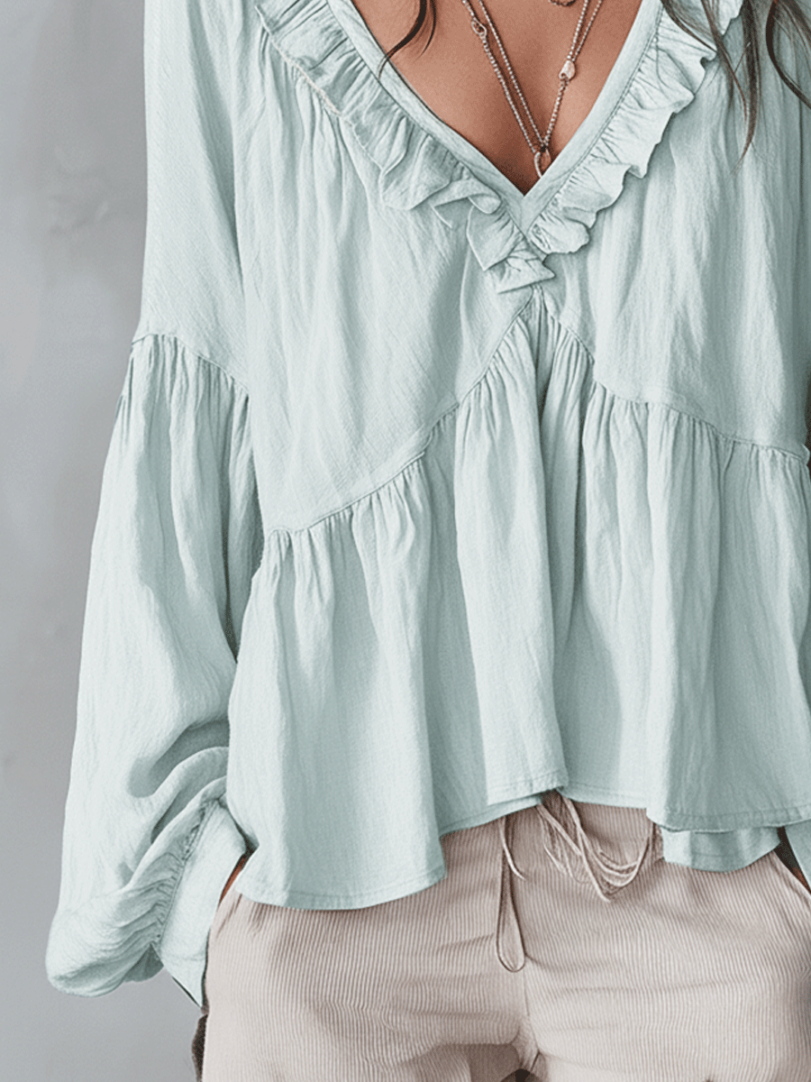 Soft Boho Ruffled V-Neck Relaxed Blouse