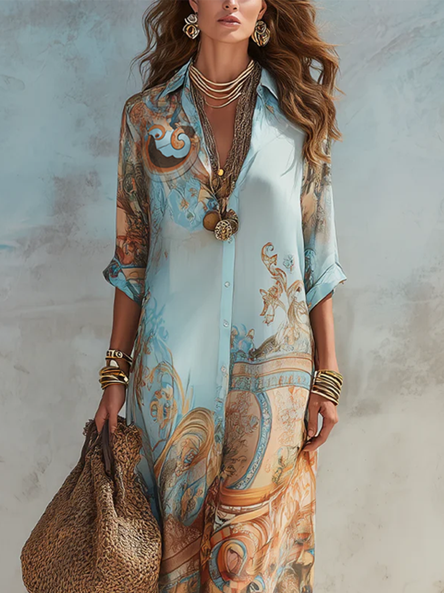 Baroque Style Floral Blue Chiffon Maxi Dress