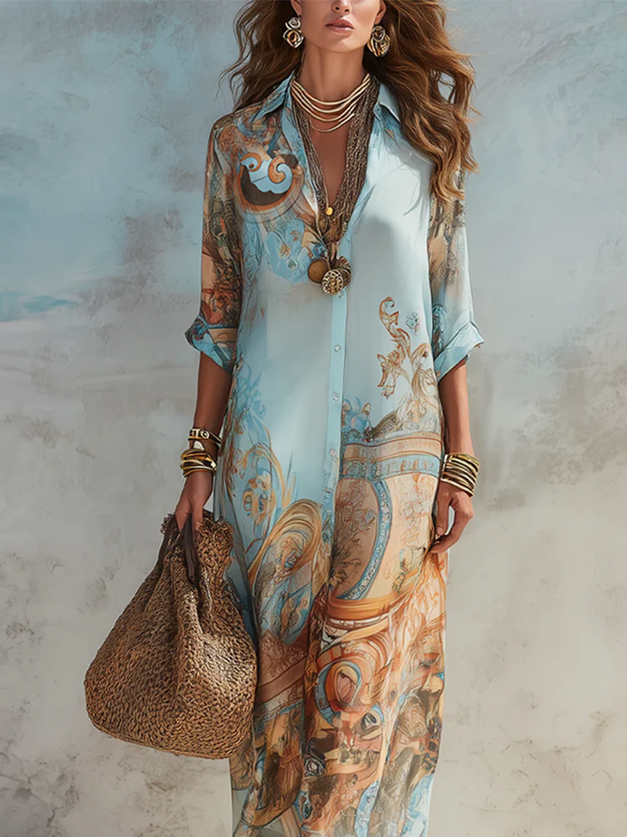 Baroque Style Floral Blue Chiffon Maxi Dress