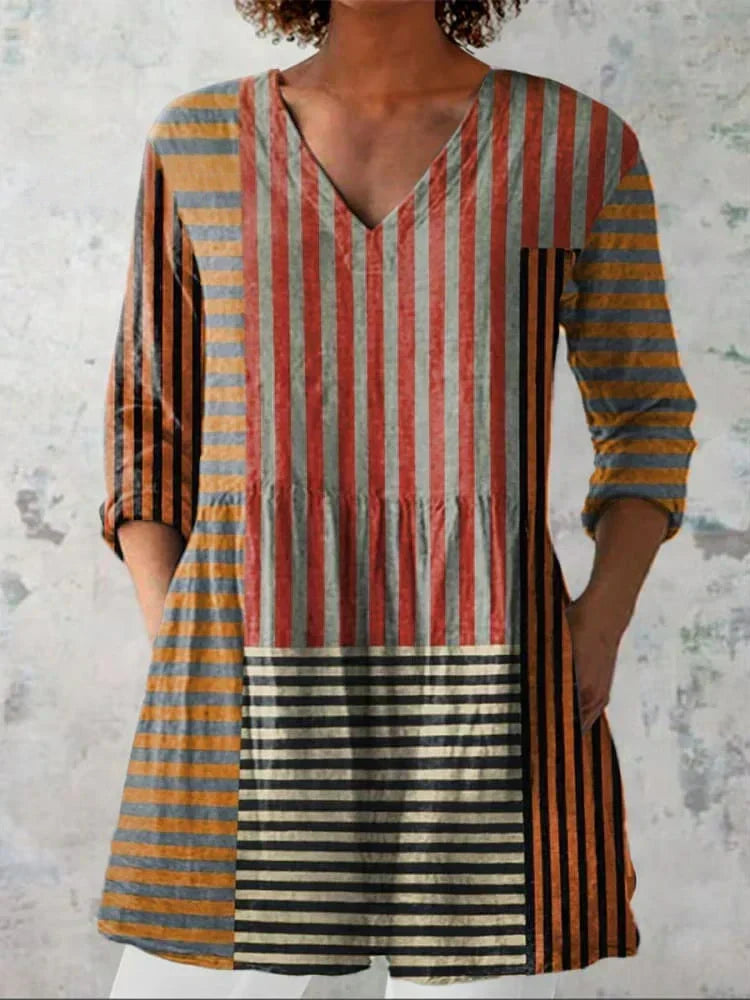 Tayport | Stripe Patchwork V-Neck Shirt