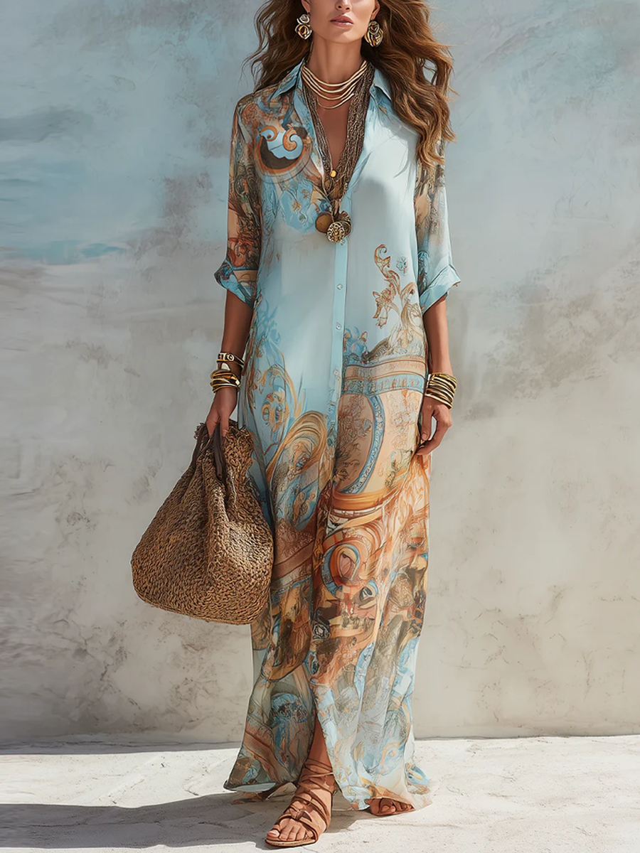 Baroque Style Floral Blue Chiffon Maxi Dress