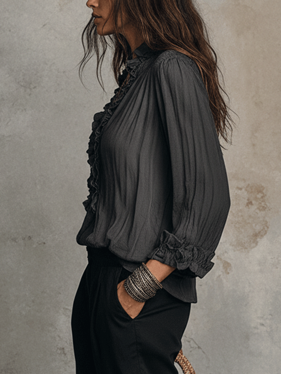 Sheer Ruffle V-Neck Bohemian Blouse