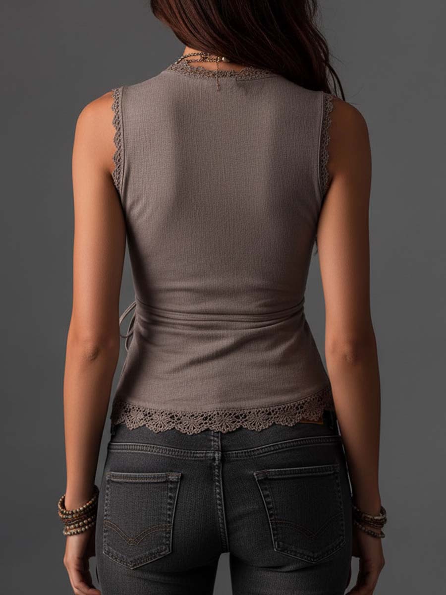 Taupe Cotton-Linen Blend Wrap-Front Lace-Trimmed Sleeveless Top