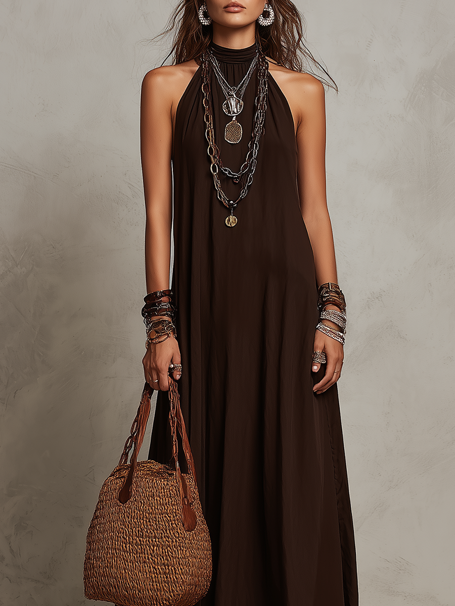 Dark Brown Halter Neck Minimalist Long Dress