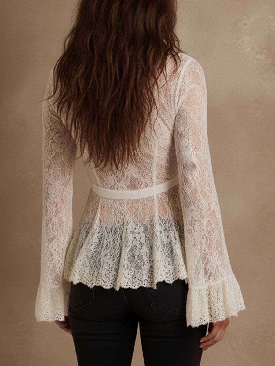 Vintage Boho Lace Flare Sleeve Tie-Front Peplum Top