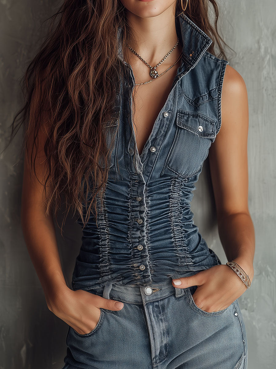 Retro Blue Ruched Denim Sleeveless Shirt