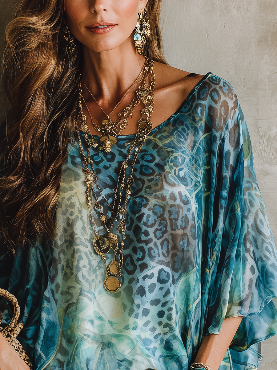 Bohemian Blue Leopard Print Batwing Sleeve Top