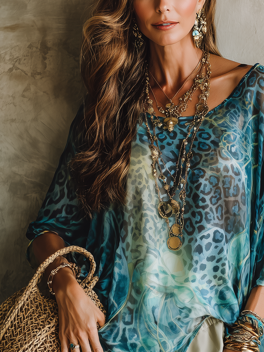Bohemian Blue Leopard Print Batwing Sleeve Top