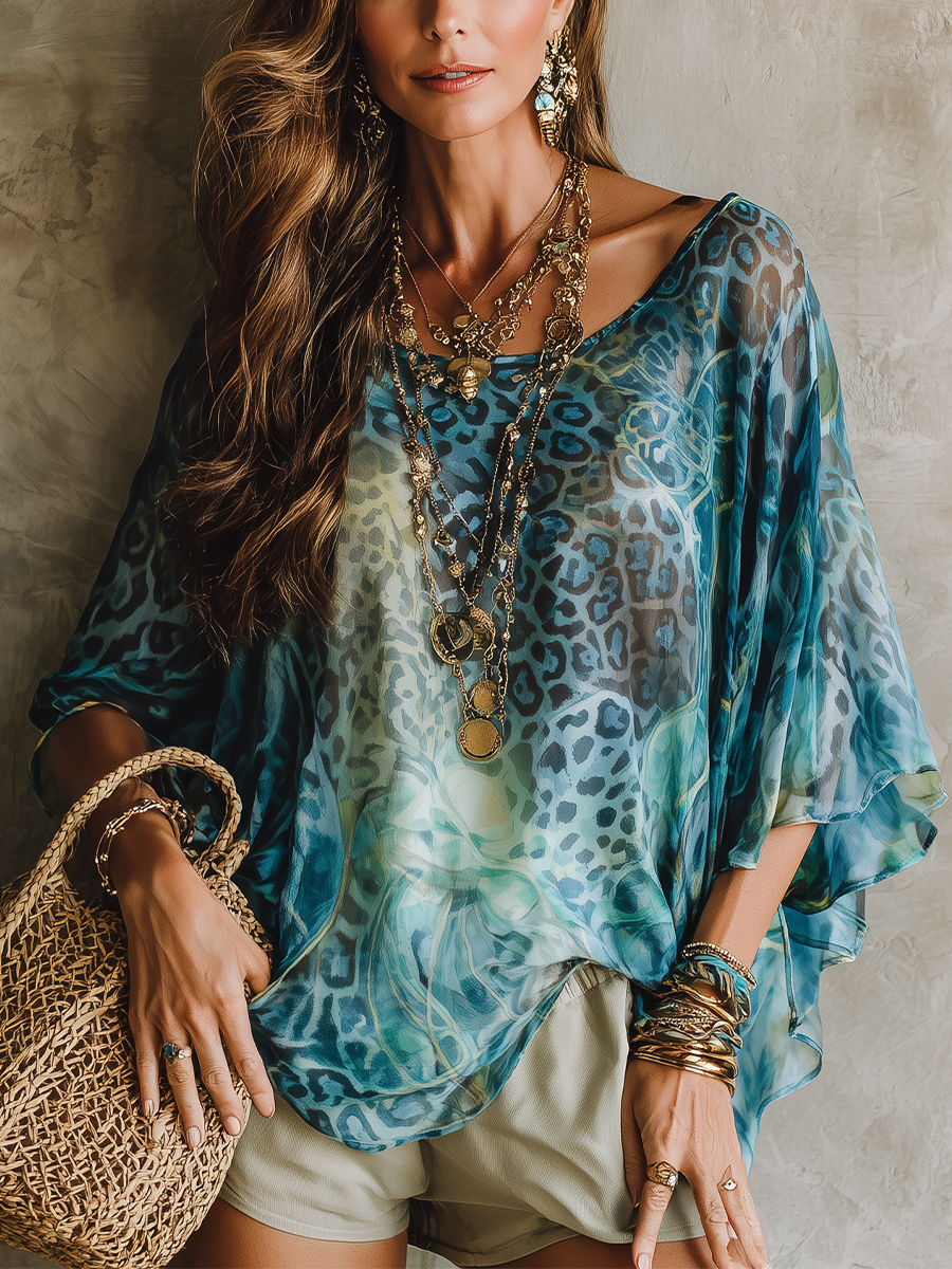 Bohemian Blue Leopard Print Batwing Sleeve Top