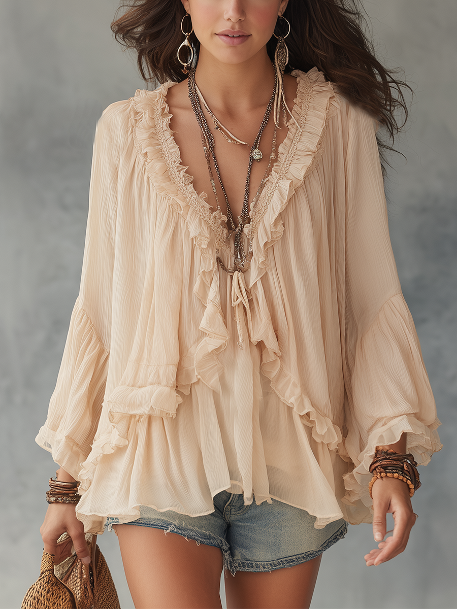 Beige V-neck Chiffon Top With Ruffled Trim