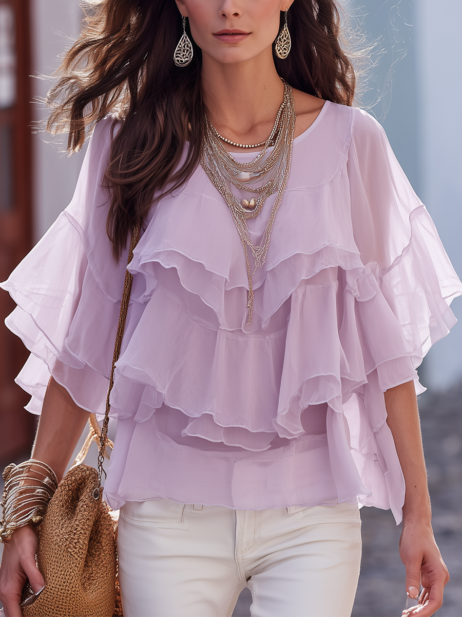 Romantic Light Purple Chiffon Ruffled Top