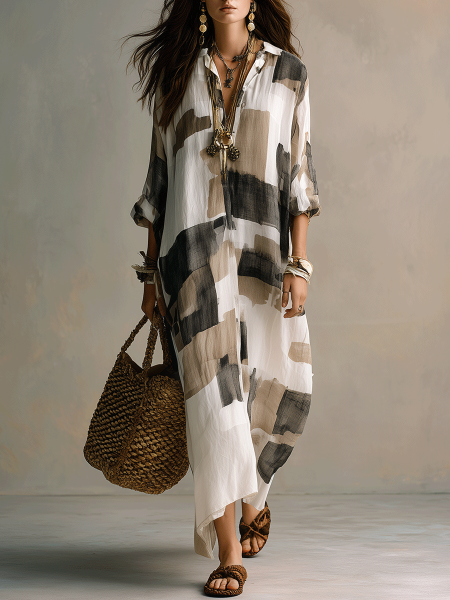 Boho Abstract Print Button-Front Relaxed Fit Maxi Dress